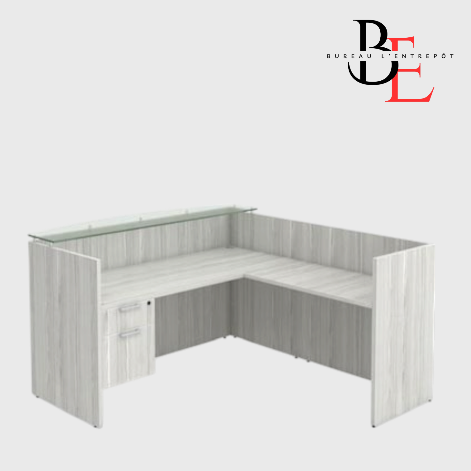 Bureau d'Accueil en L, Comptoir Verre et Caisson 2 Tiroirs - BLCLALD1054