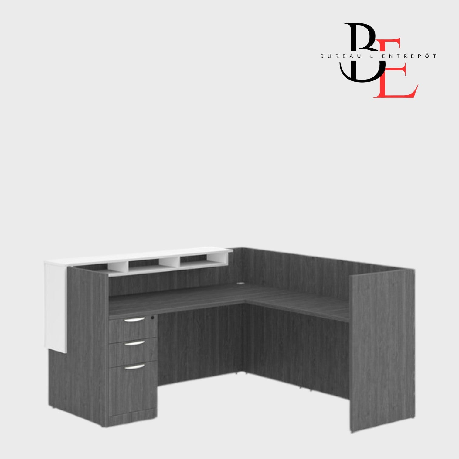 Bureau d'Accueil en L avec Pigeonniers et Caisson 3 tiroirs | Bureau L'Entrepôt